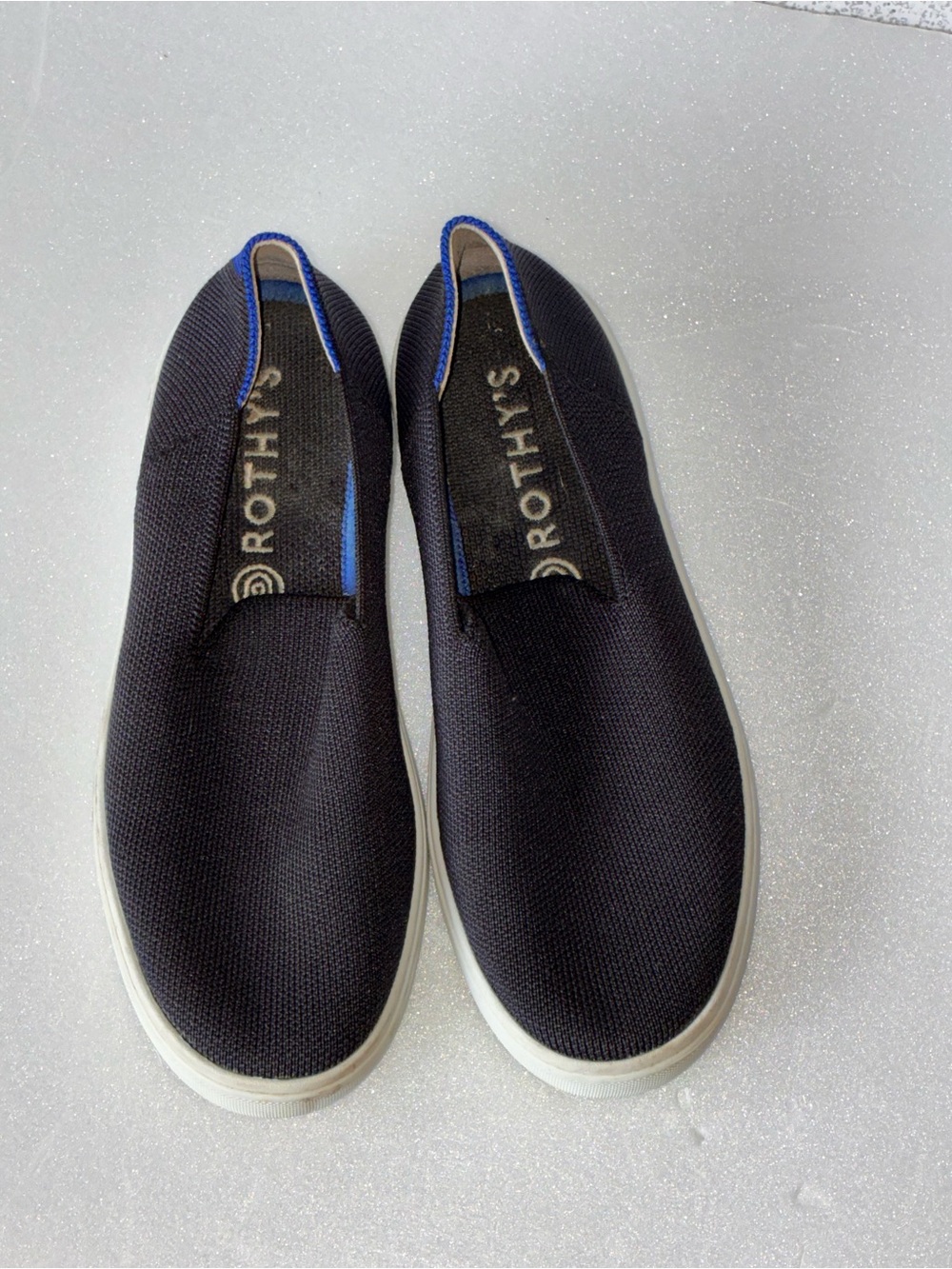 Rothy's Sneakers Black Slip-On Loafers with Blue Trim Sz 6.5